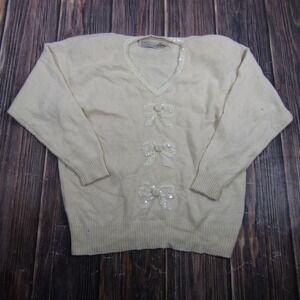 Karen Scott II Sweater Womens 1X Cream Silk Angora Blend Sequin Bows V-Neck